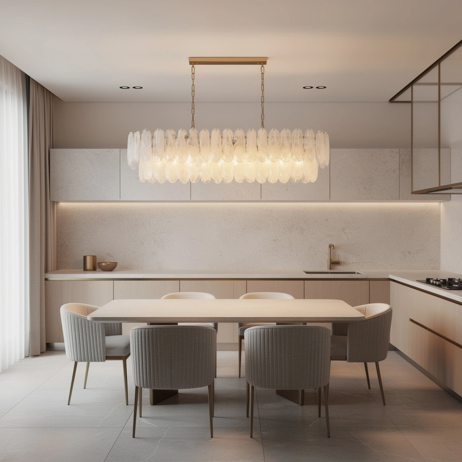 White Opaline Murano-Style Glass Petal Cascade Linear Chandelier