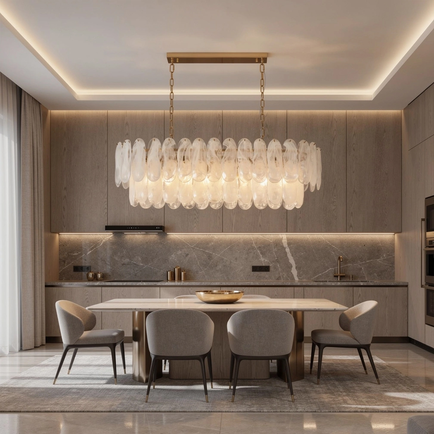 White Opaline Murano-Style Glass Petal Cascade Linear Chandelier