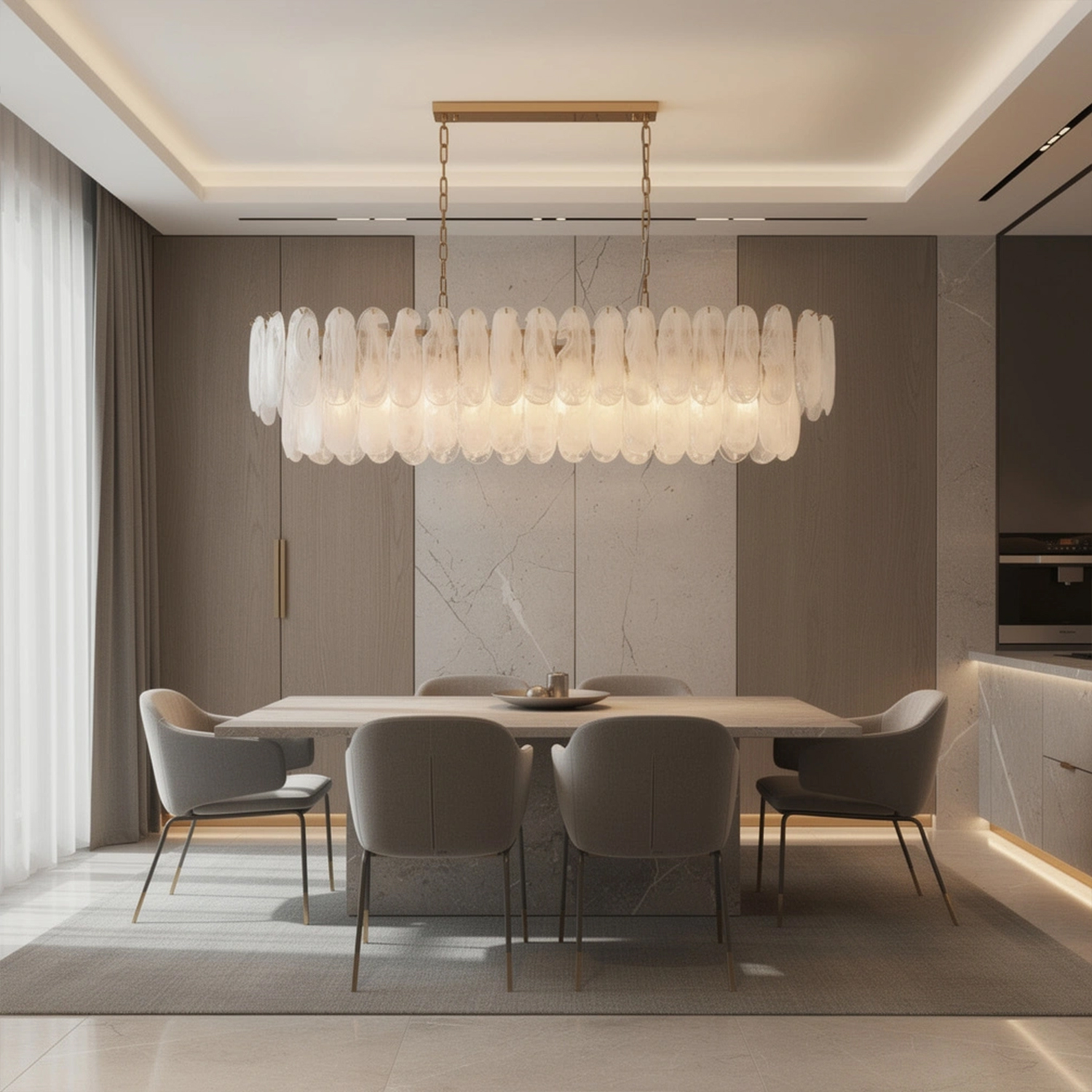 White Opaline Murano-Style Glass Petal Cascade Linear Chandelier
