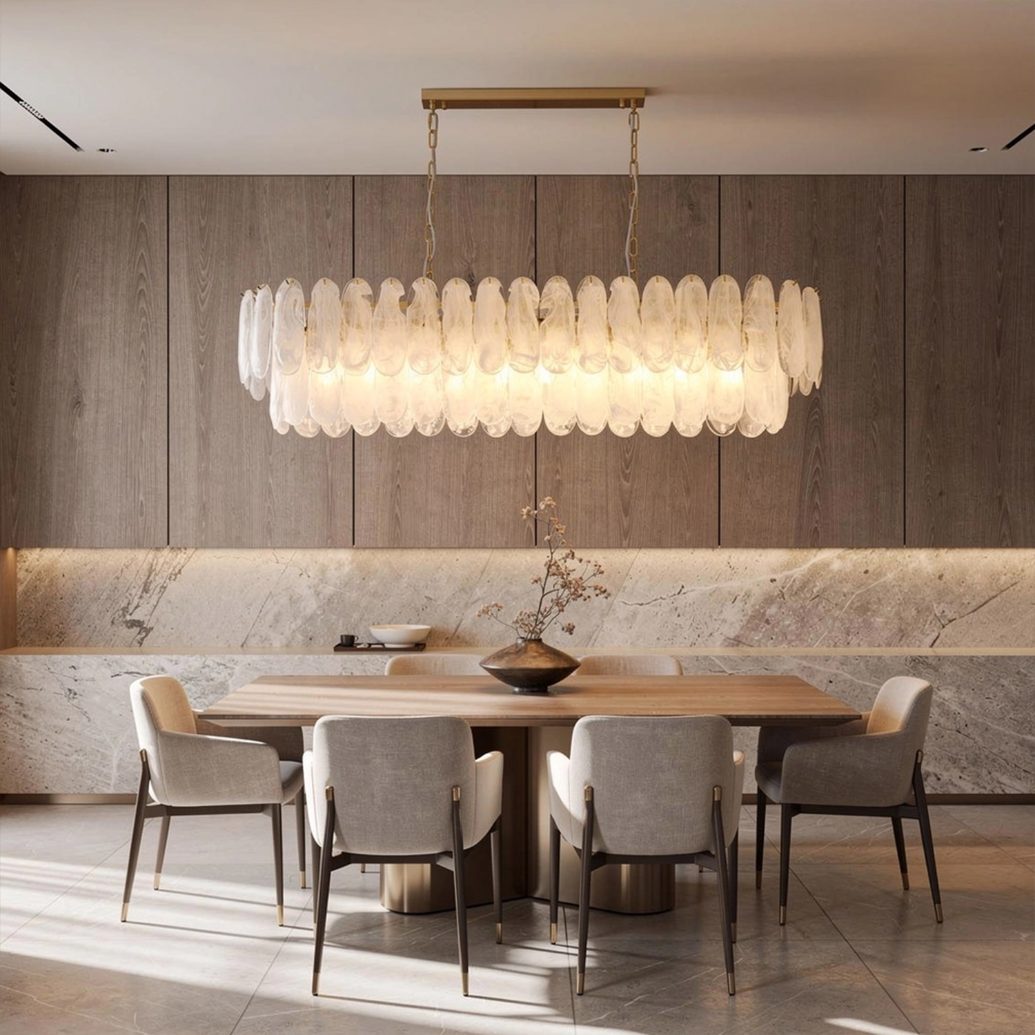 White Opaline Murano-Style Glass Petal Cascade Linear Chandelier