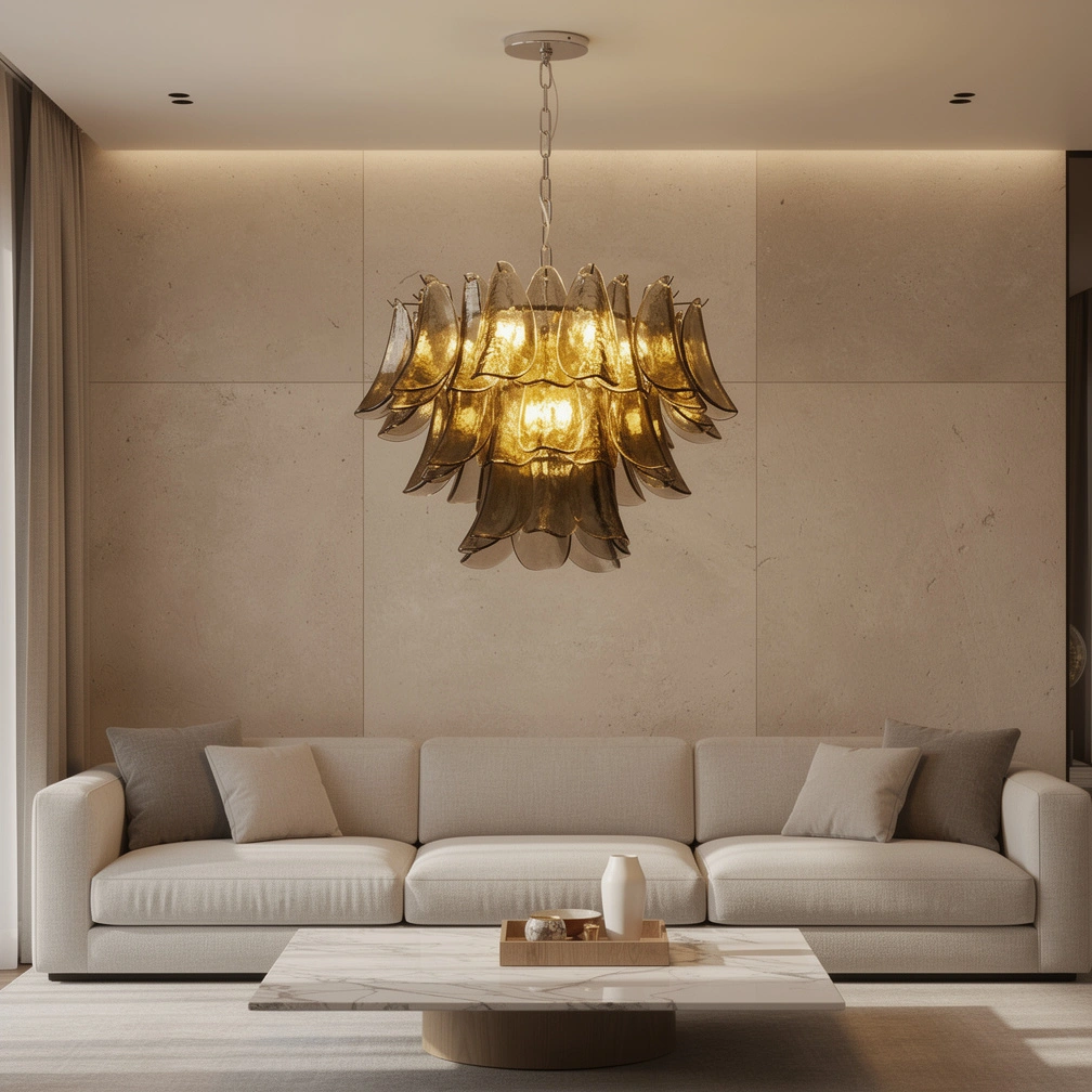Modernist Feather Chandelier in Murano Smoked Topaz Glass