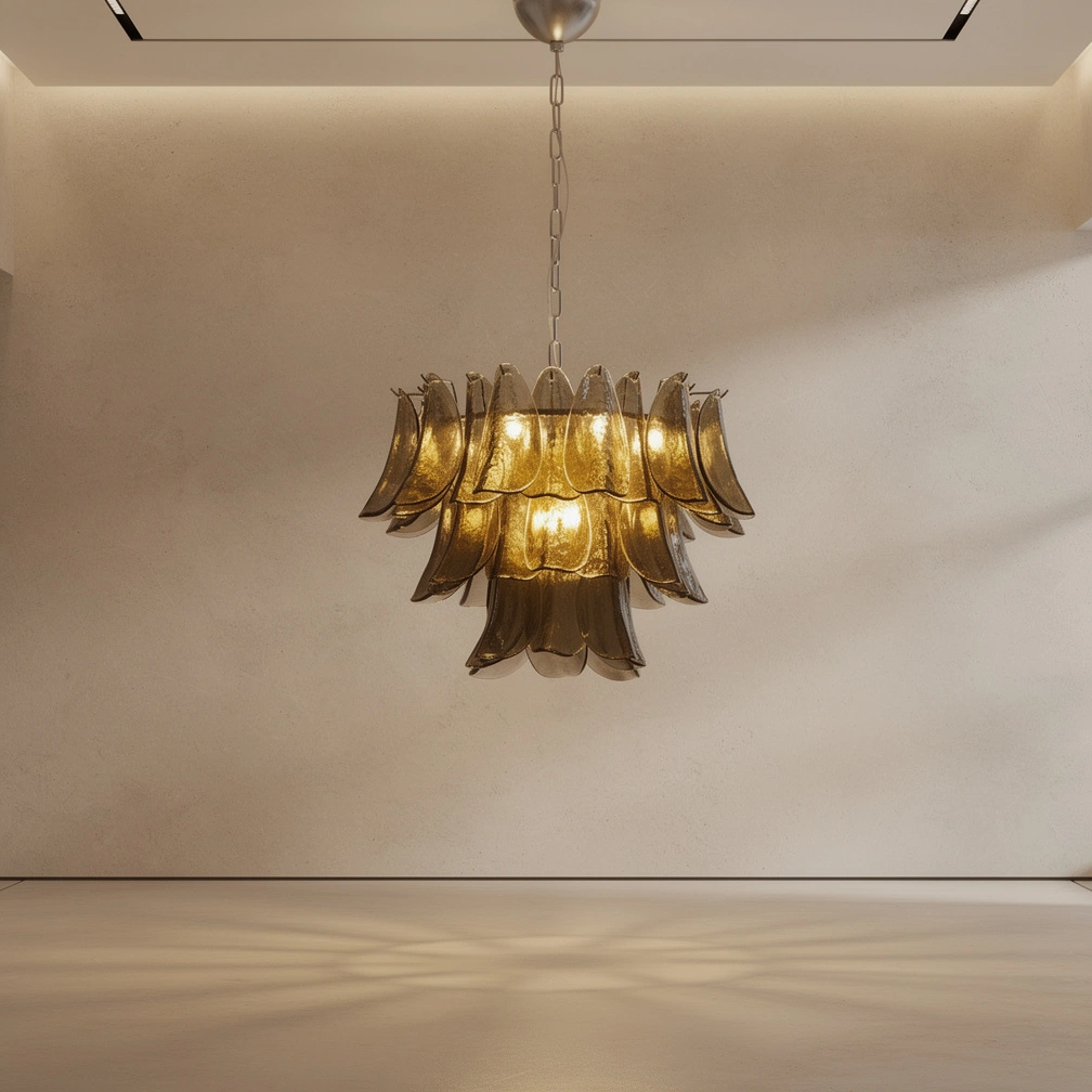Modernist Feather Chandelier in Murano Smoked Topaz Glass