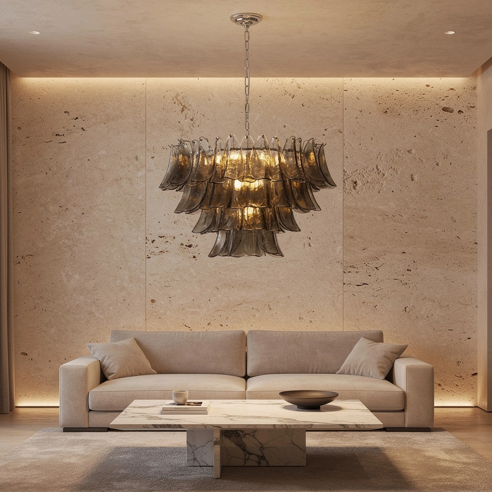 Modernist Feather Chandelier in Murano Smoked Topaz Glass