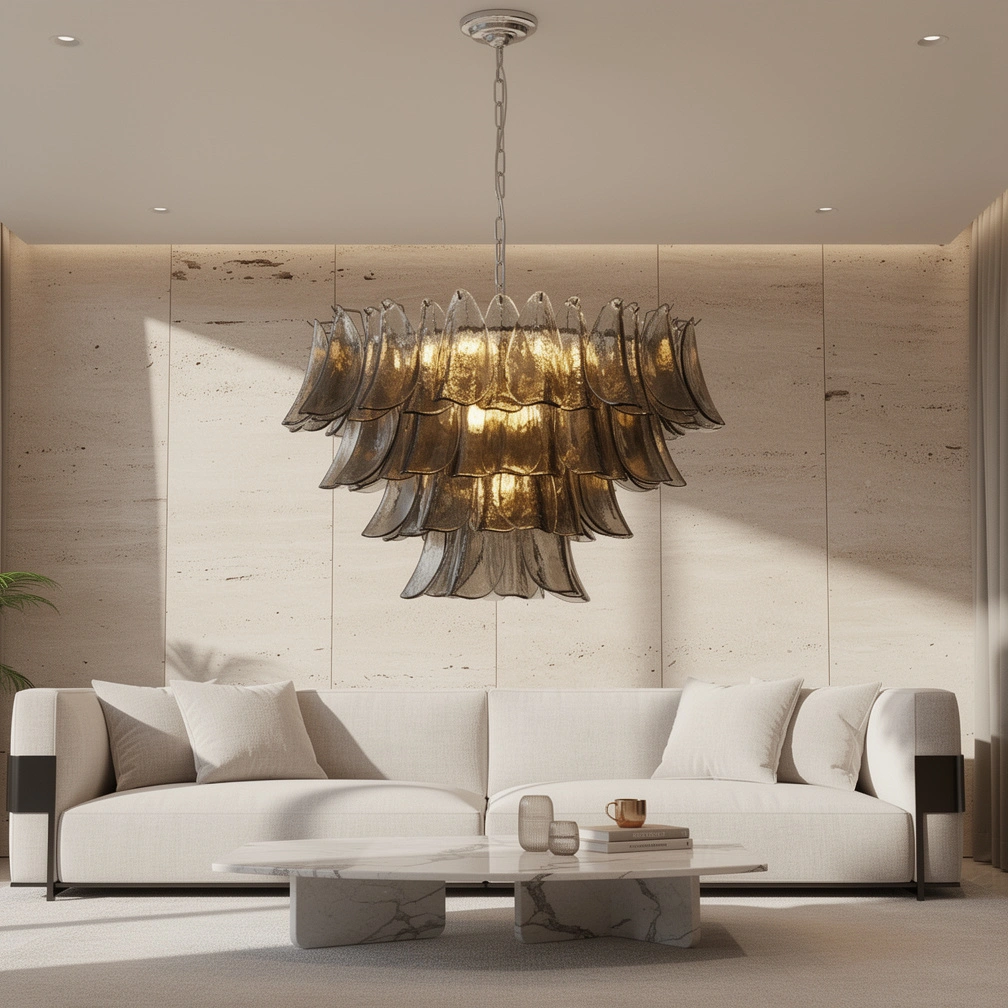Modernist Feather Chandelier in Murano Smoked Topaz Glass