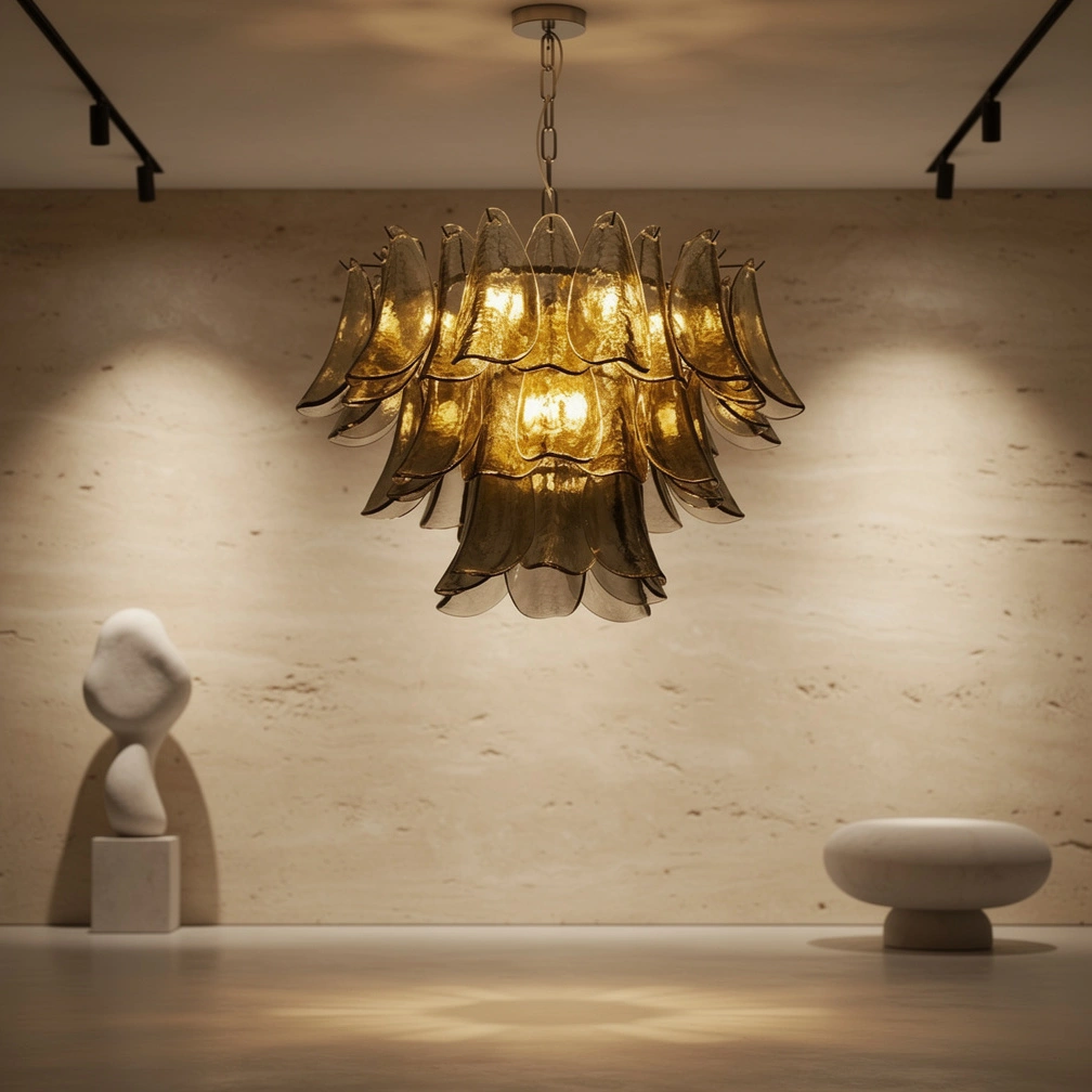 Modernist Feather Chandelier in Murano Smoked Topaz Glass