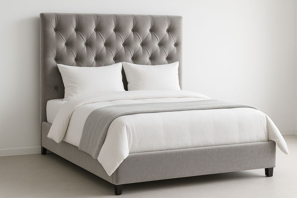 Queen Bed Frame Velvet Upholstered Button Tufted Headboard Grey