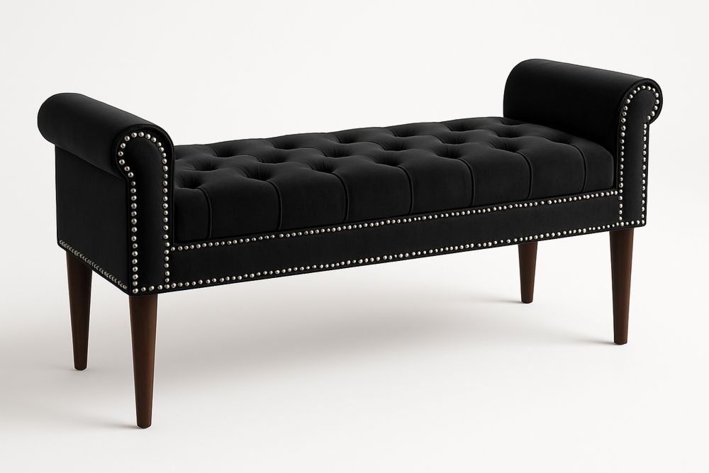 Black Velvet Upholstered Bench with Nailhead Trim and Wooden Legs