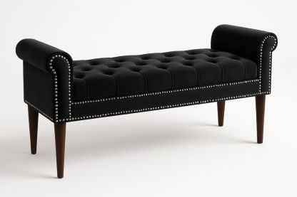 Black Velvet Upholstered Bench with Nailhead Trim and Wooden Legs