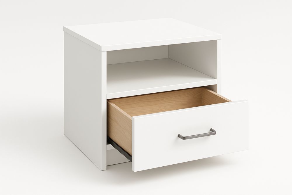 White MDF Bedside Table with Open Shelf and Drawer
