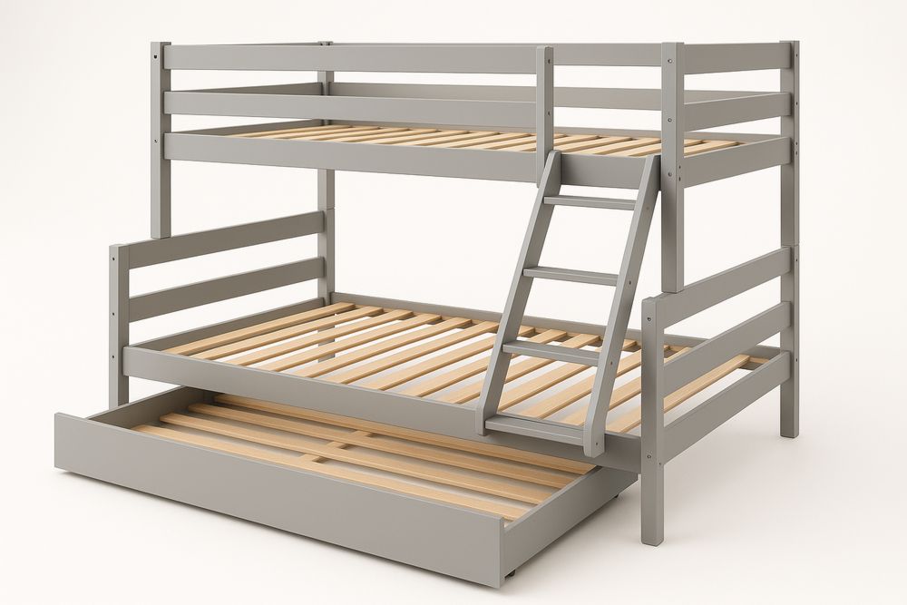 Triple Bunk Bed Pine Wood with Angled Ladder and Trundle Grey
