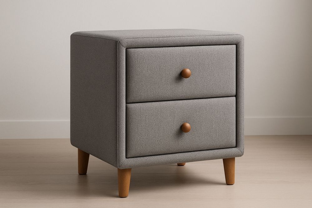 Two-Drawer Upholstered Bedside Table with Solid Wood Legs Grey Fabric