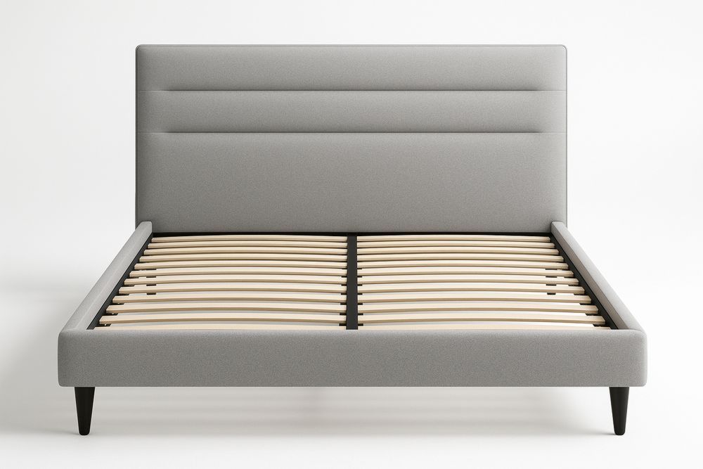 Queen Size Upholstered Bed Frame with Fabric Headboard and Wooden Slats - Grey