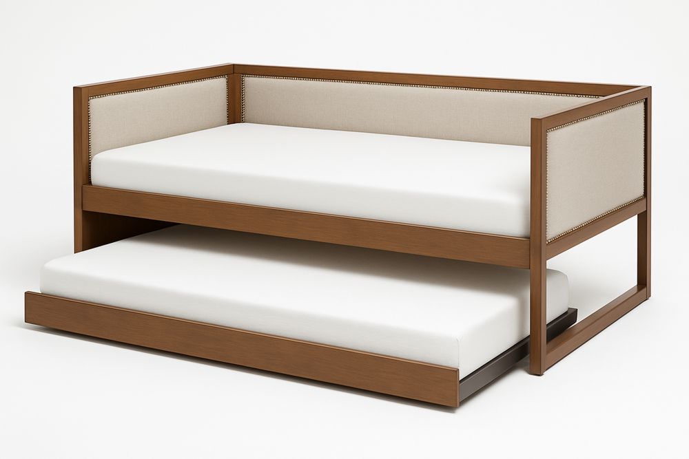 Wooden Trundle Daybed with Polyester Upholstered Panels and Mattresses 200cm Length