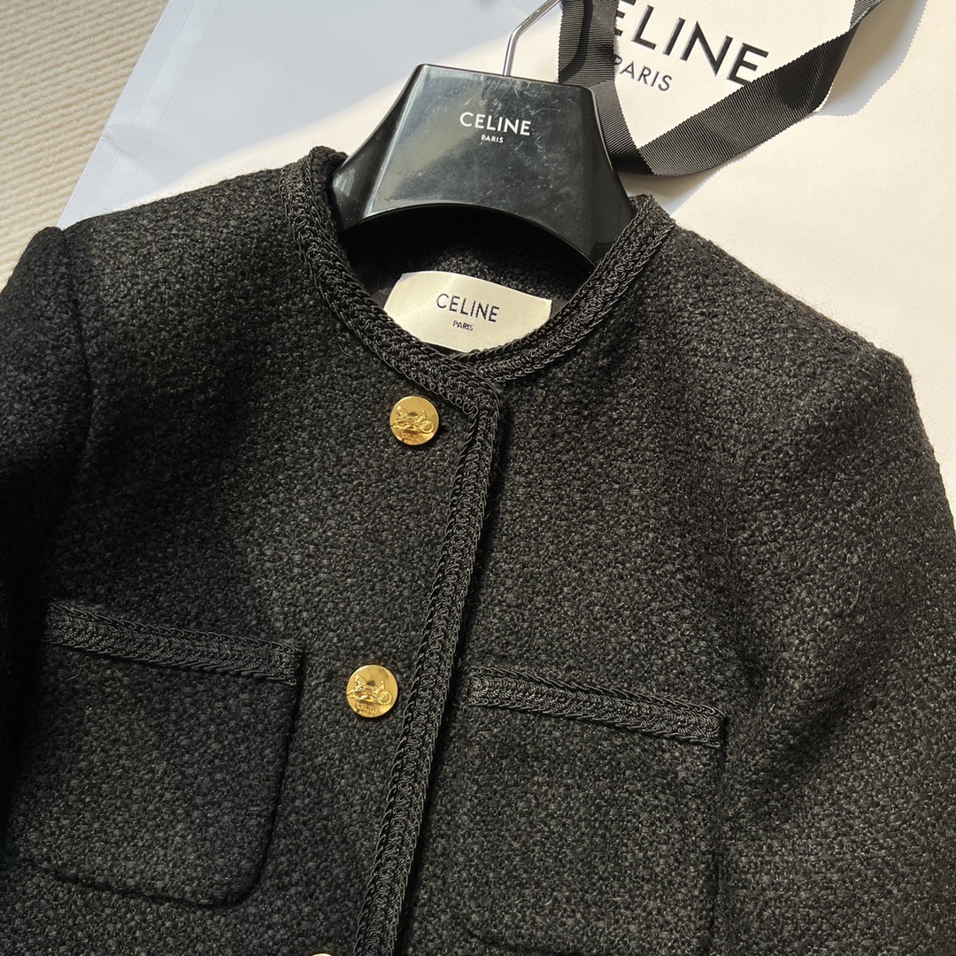 CELINE セリーヌ 3ボタン & ブレーデッドパイピング ブレーデッド シャスールジャケット / ブクレツイード