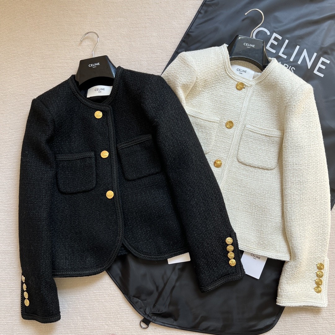 CELINE セリーヌ 3ボタン & ブレーデッドパイピング ブレーデッド シャスールジャケット / ブクレツイード