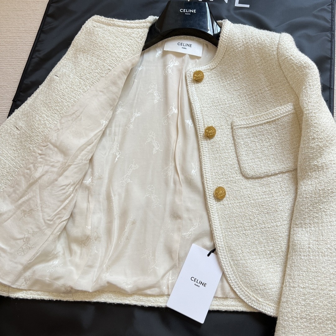 CELINE セリーヌ 3ボタン & ブレーデッドパイピング ブレーデッド シャスールジャケット / ブクレツイード