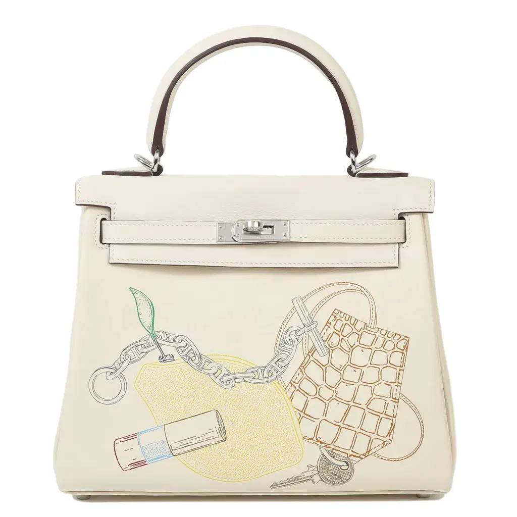 HERMÈS 愛馬仕 Kelly 25 限量塗鴉款 In & Out 凱莉包 I2 Nata 奶油白 Swift牛皮 銀扣