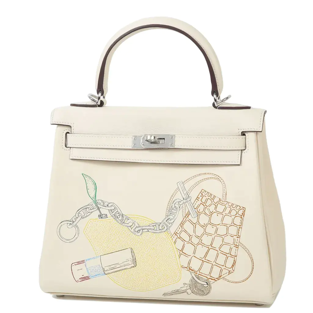 HERMÈS 愛馬仕 Kelly 25 限量塗鴉款 In & Out 凱莉包 I2 Nata 奶油白 Swift牛皮 銀扣