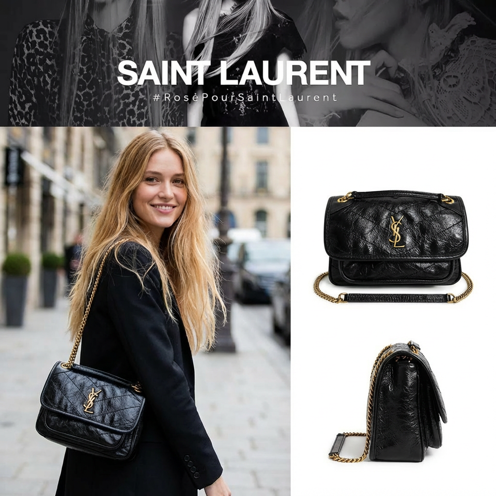 Saint Laurent Niki ミディアム 光沢クリンクル ショルダー