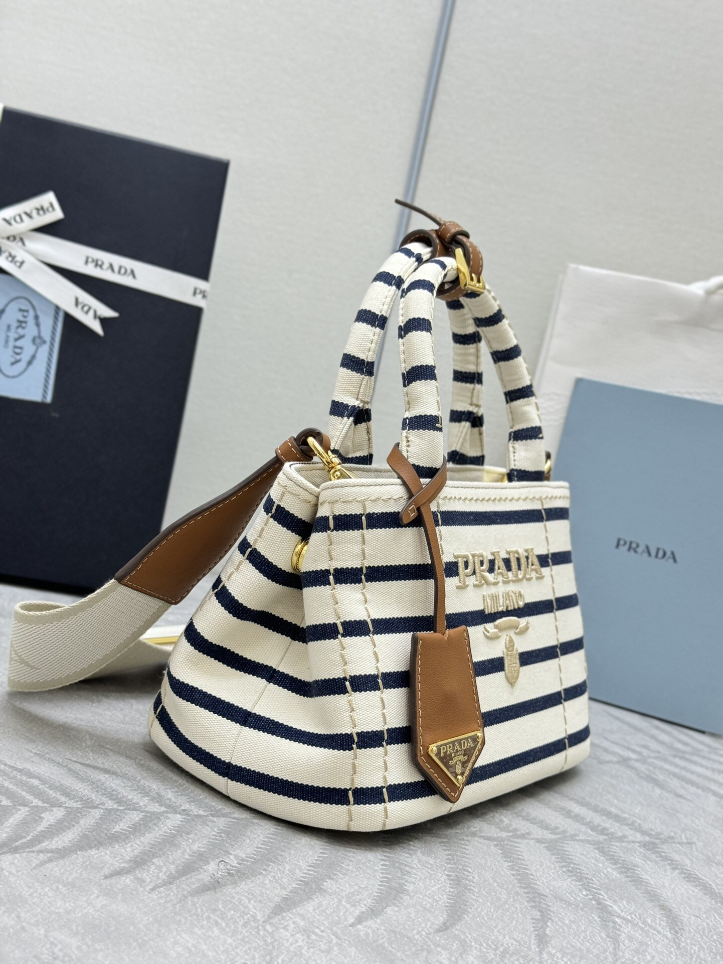 【国内発送★PRADA】ストライプ コットンキャンバス ミニバッグ