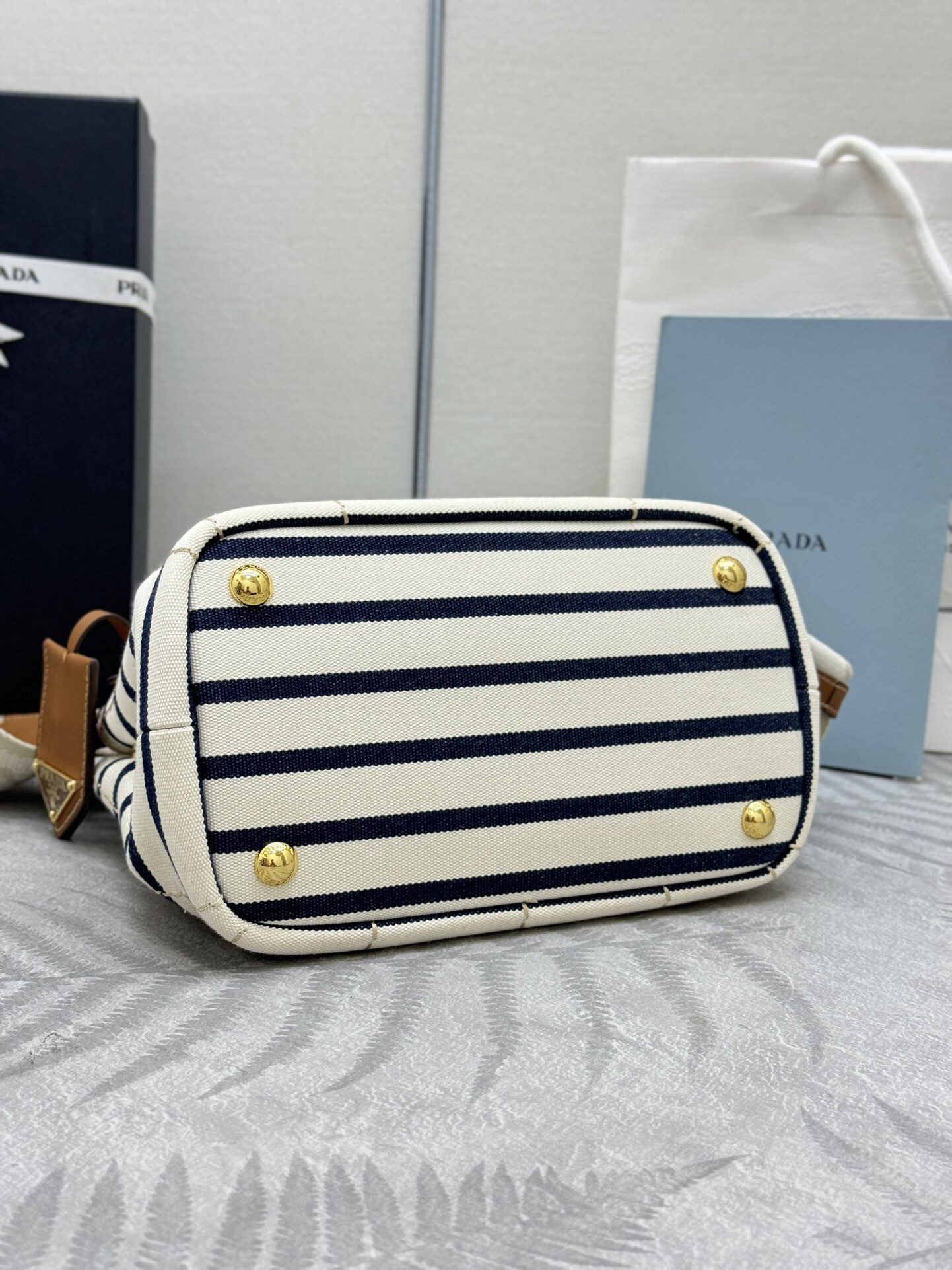 【国内発送★PRADA】ストライプ コットンキャンバス ミニバッグ