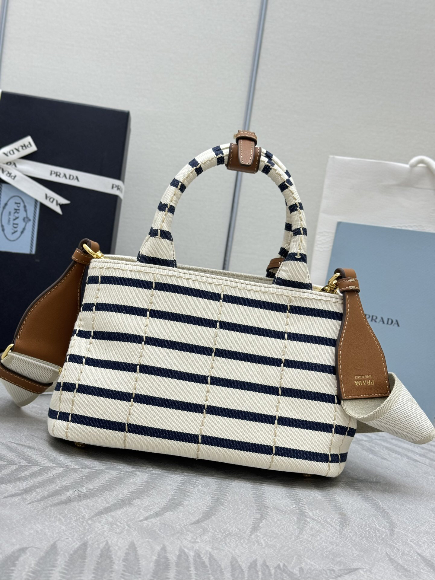 【国内発送★PRADA】ストライプ コットンキャンバス ミニバッグ