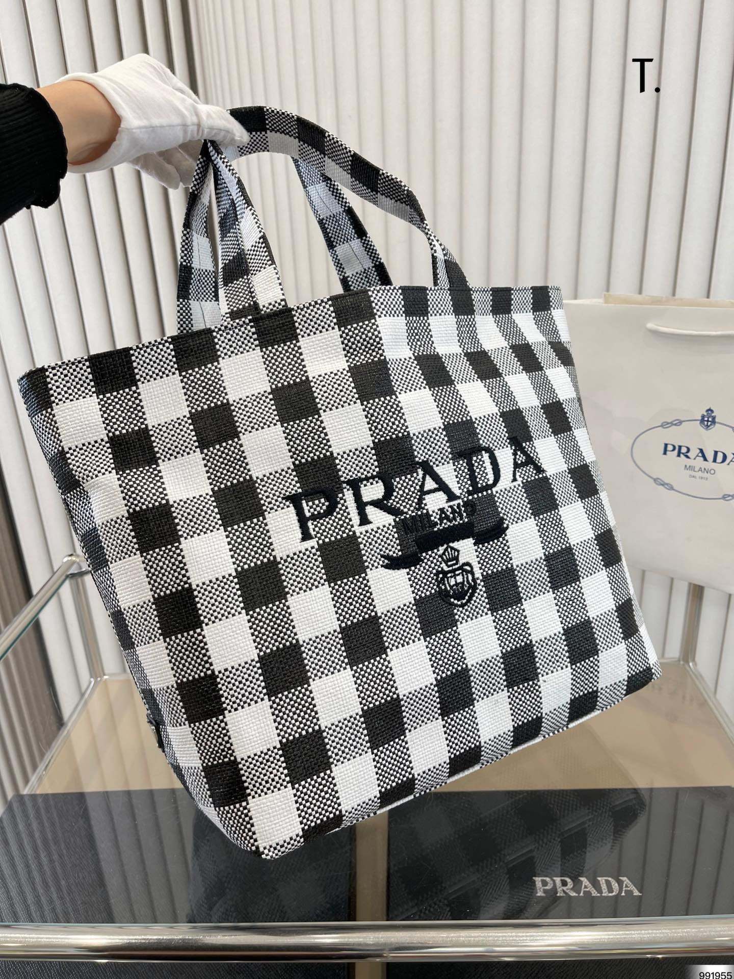 PRADA 格子縞 織物バッグ ハンドバッグ