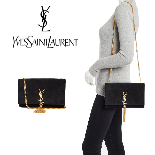 イヴ・サンローラン ブラック スエード モノグラム ミディアム ケイト タッセル バッグ