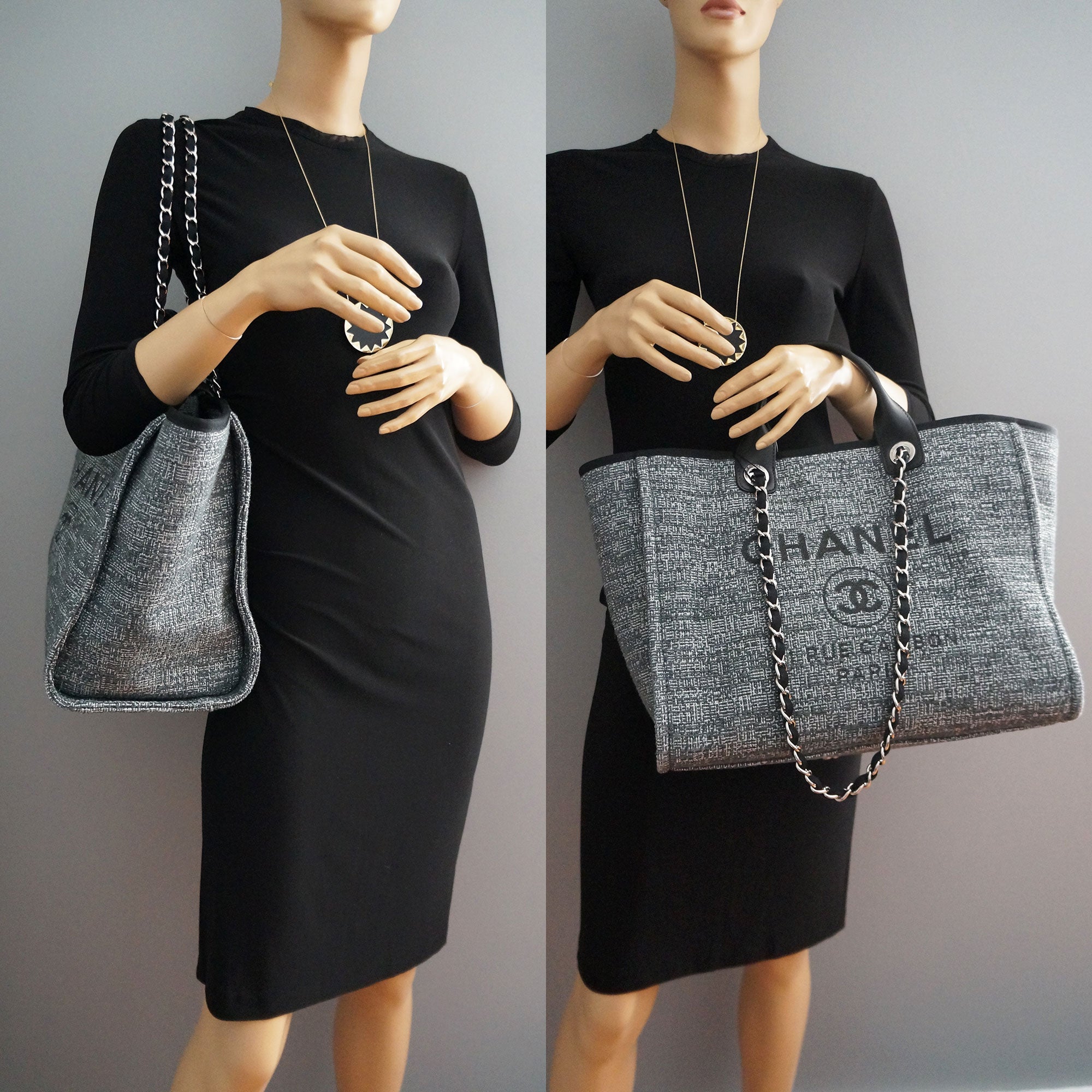 【 CHANEL】シャネル 大きなチャコールキャンバスドーヴィルトートTOTE