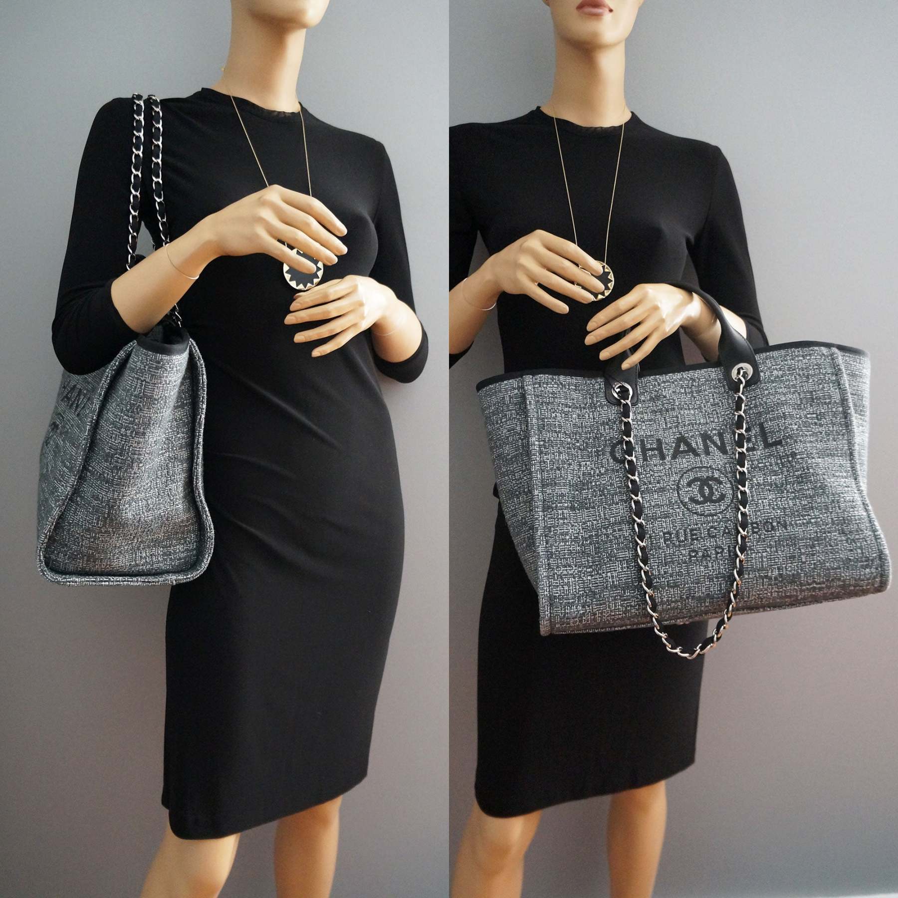 【 CHANEL】シャネル 大きなチャコールキャンバスドーヴィルトートTOTE