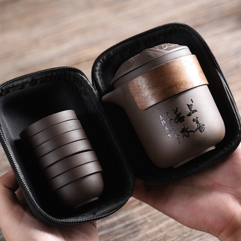 Portable Purple Clay Travel Tea Set: One Pot with Six Cups