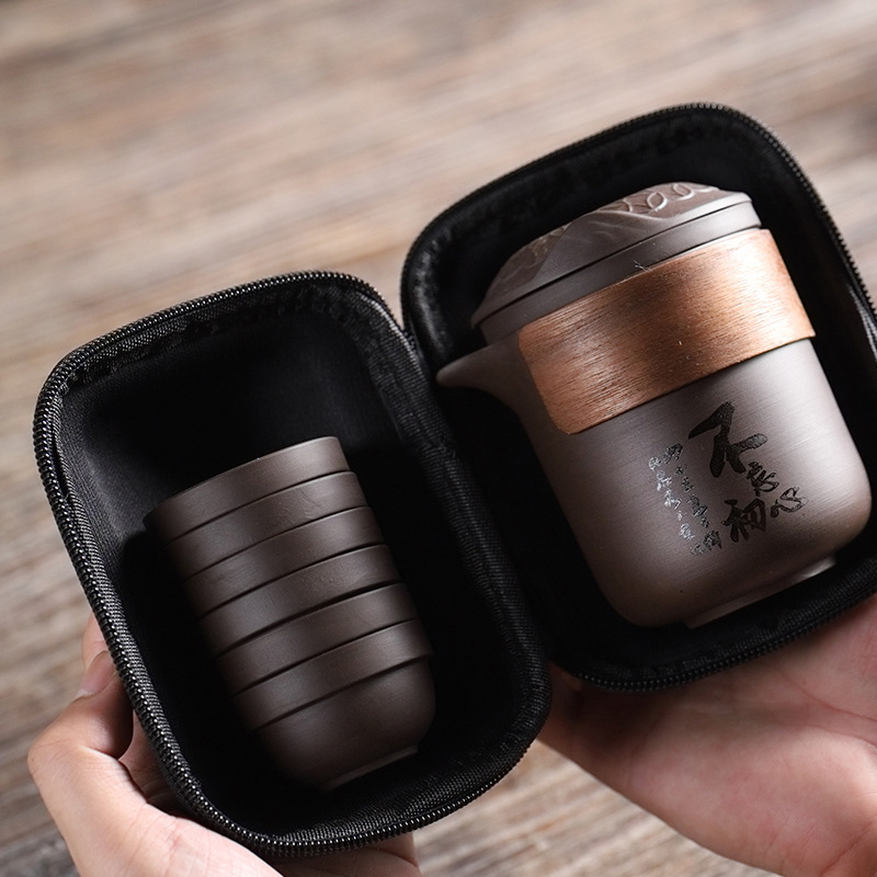 Portable Purple Clay Travel Tea Set: One Pot with Six Cups