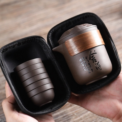 Portable Purple Clay Travel Tea Set: One Pot with Six Cups
