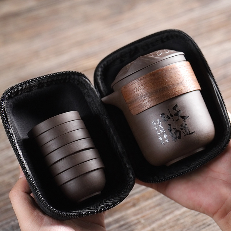 Portable Purple Clay Travel Tea Set: One Pot with Six Cups