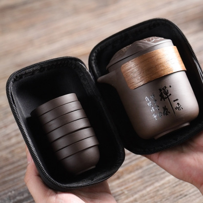 Portable Purple Clay Travel Tea Set: One Pot with Six Cups