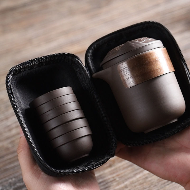 Portable Purple Clay Travel Tea Set: One Pot with Six Cups