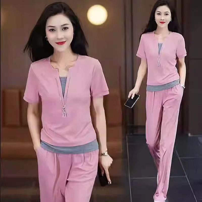 Age reducing short sleeved wide leg pants set