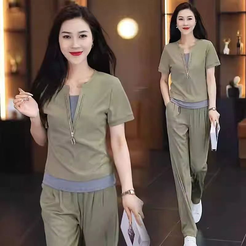 Age reducing short sleeved wide leg pants set