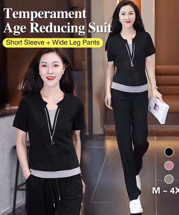 Age reducing short sleeved wide leg pants set
