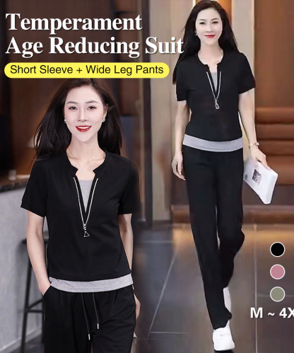 Age reducing short sleeved wide leg pants set