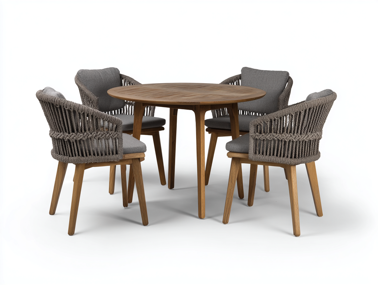 Round Dining Table Set Wood Rope - table 120x120x75 cm - Natural Wood/Grey - Modern Outdoor Style-Designoliq