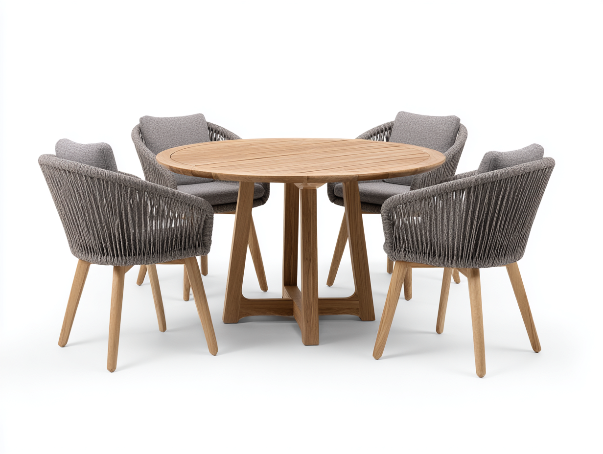 Outdoor dining table and chair set solid wood and rope - table 120x120x75 cm - natural wood/grey - for garden and patio - modern outdoor dining design-Designoliq