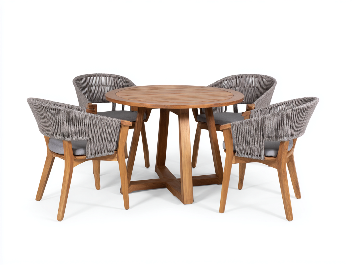 Outdoor dining table and chair set solid wood and rope - table 120x120x75 cm - natural wood/grey - for garden and patio - modern outdoor dining design-Designoliq