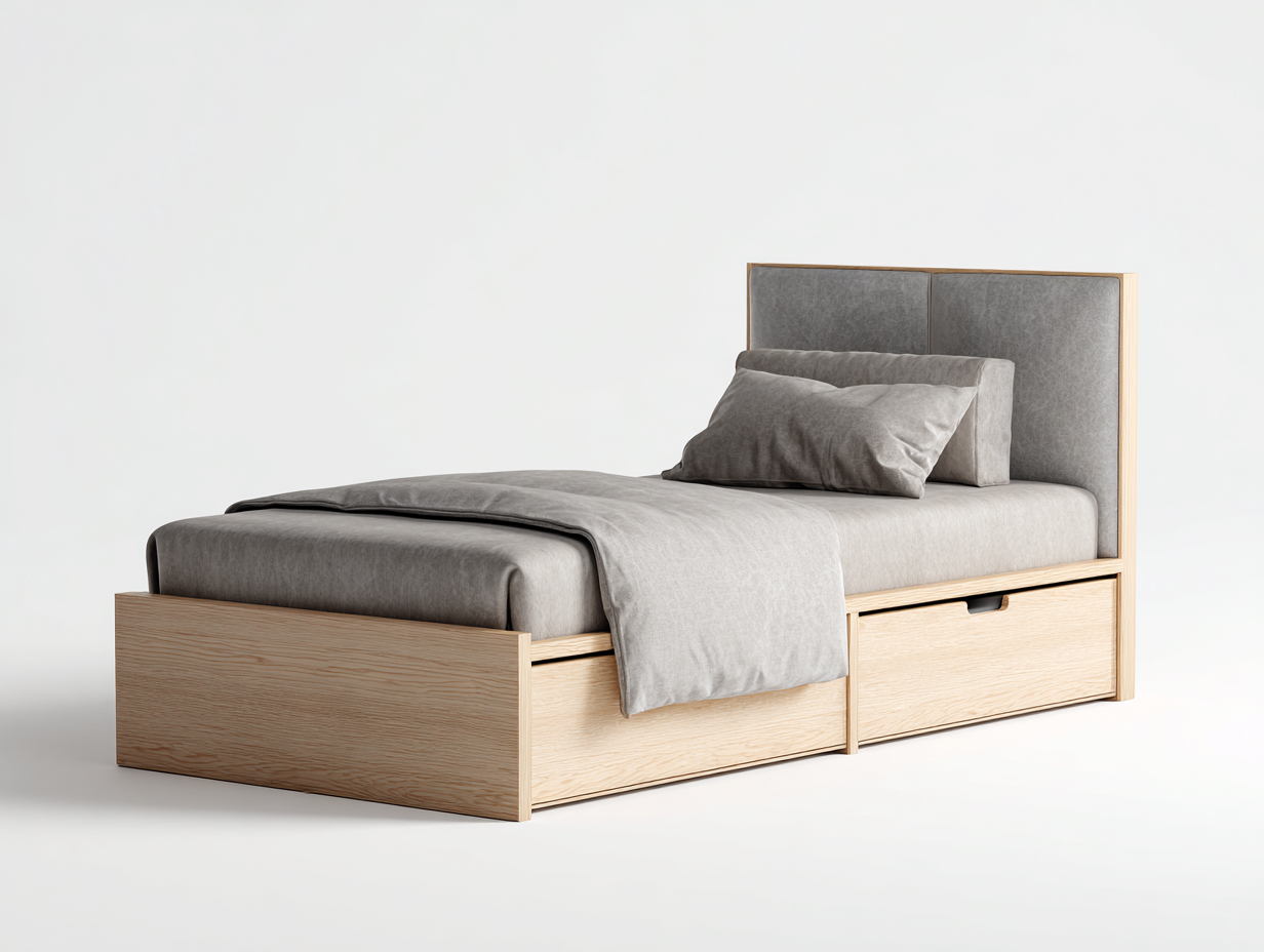 Single Bed Wood Upholstered Headboard 200x100x95 cm - Natural Wood/Grey - Bedroom - Storage Design-Designoliq