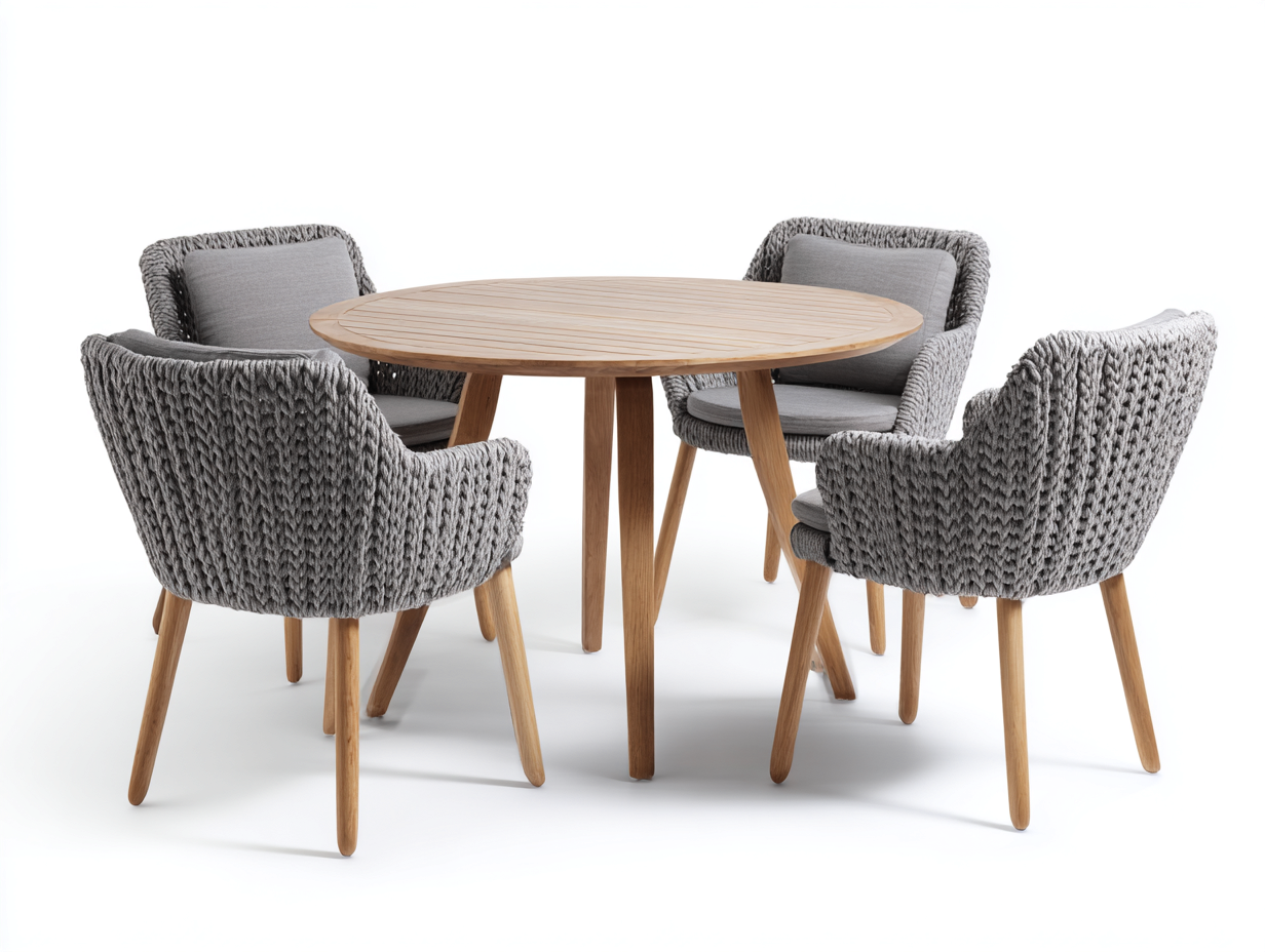 Round Dining Table Set Wood Rope - table 120x120x75 cm - Natural Wood/Grey - Modern Style-Designoliq