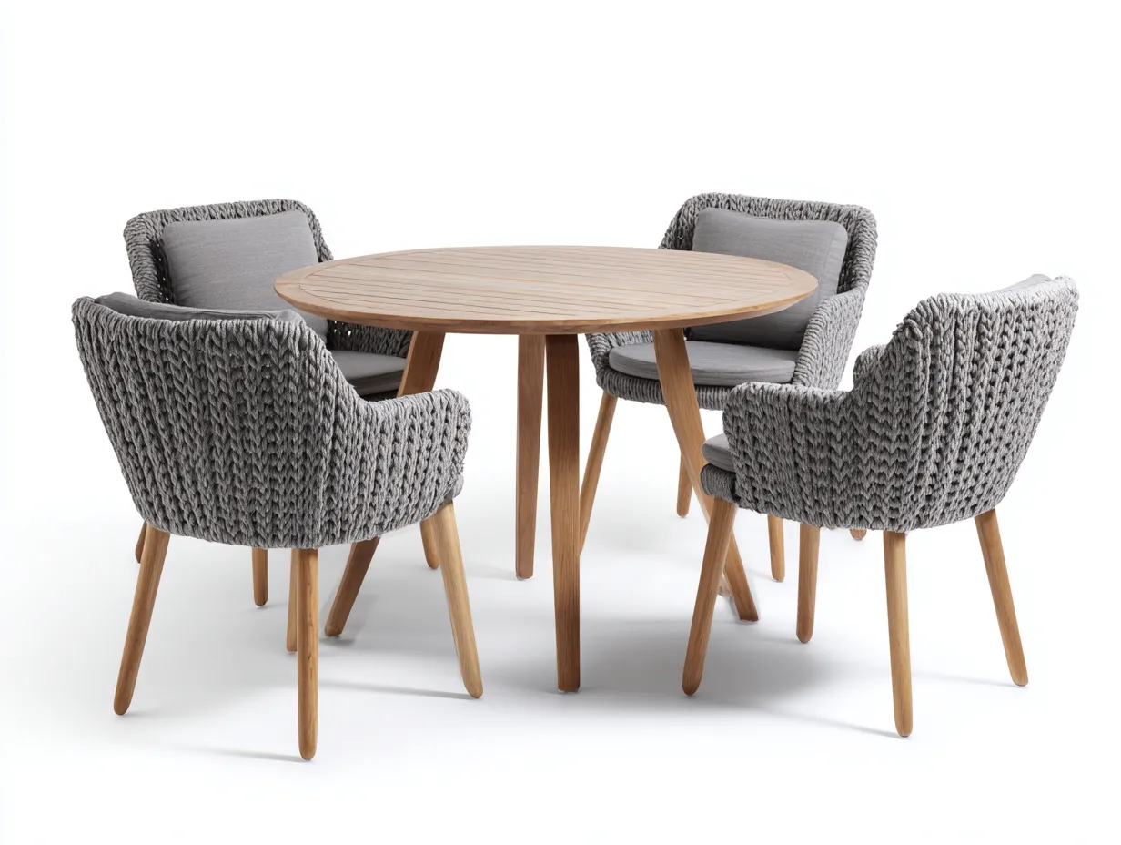 Round Dining Table Set Wood Rope - table 120x120x75 cm - Natural Wood/Grey - Modern Style-Designoliq