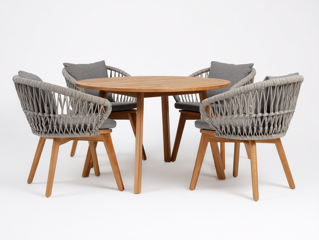 Outdoor dining table and chair set solid wood and rope - table 120x120x75 cm - natural wood/grey - for garden and patio - modern outdoor dining design-Designoliq