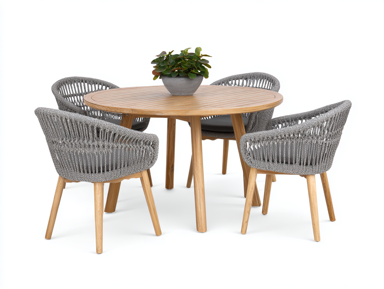 Round Dining Table Set Wood Rope - table 120x120x75 cm - Natural Wood/Grey - Modern Style-Designoliq