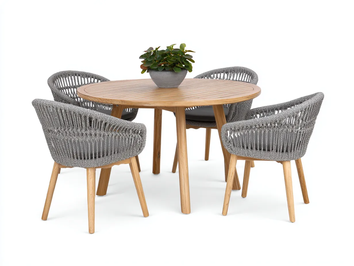 Round Dining Table Set Wood Rope - table 120x120x75 cm - Natural Wood/Grey - Modern Style-Designoliq