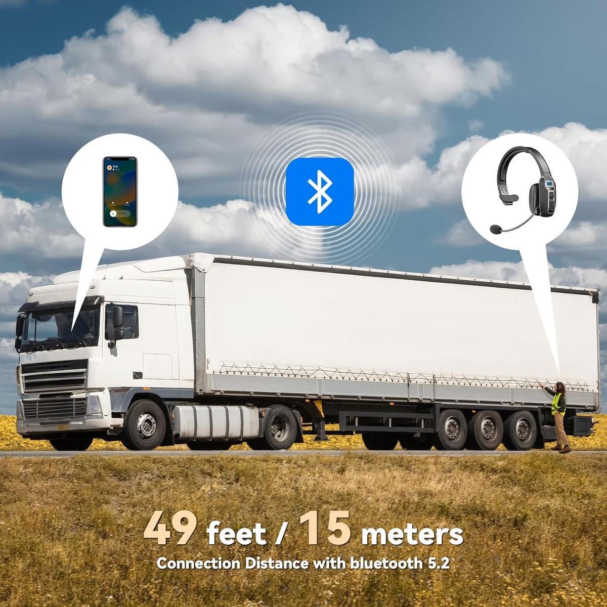 Bluetooth V5.2 Headset with AI Noise Cancelling Mic, 65-Hour Battery, Connect 2 Devices, Trucker Headset for Remote Work, Online Meetings and Business Travel